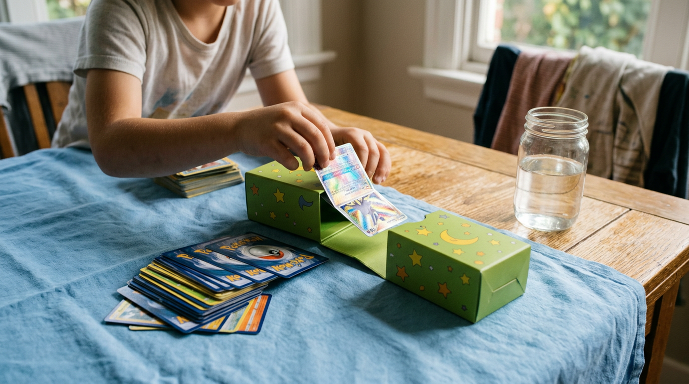 A sun-drenched oak dining table serves as the setting for a child’s focused afternoon of organizing.