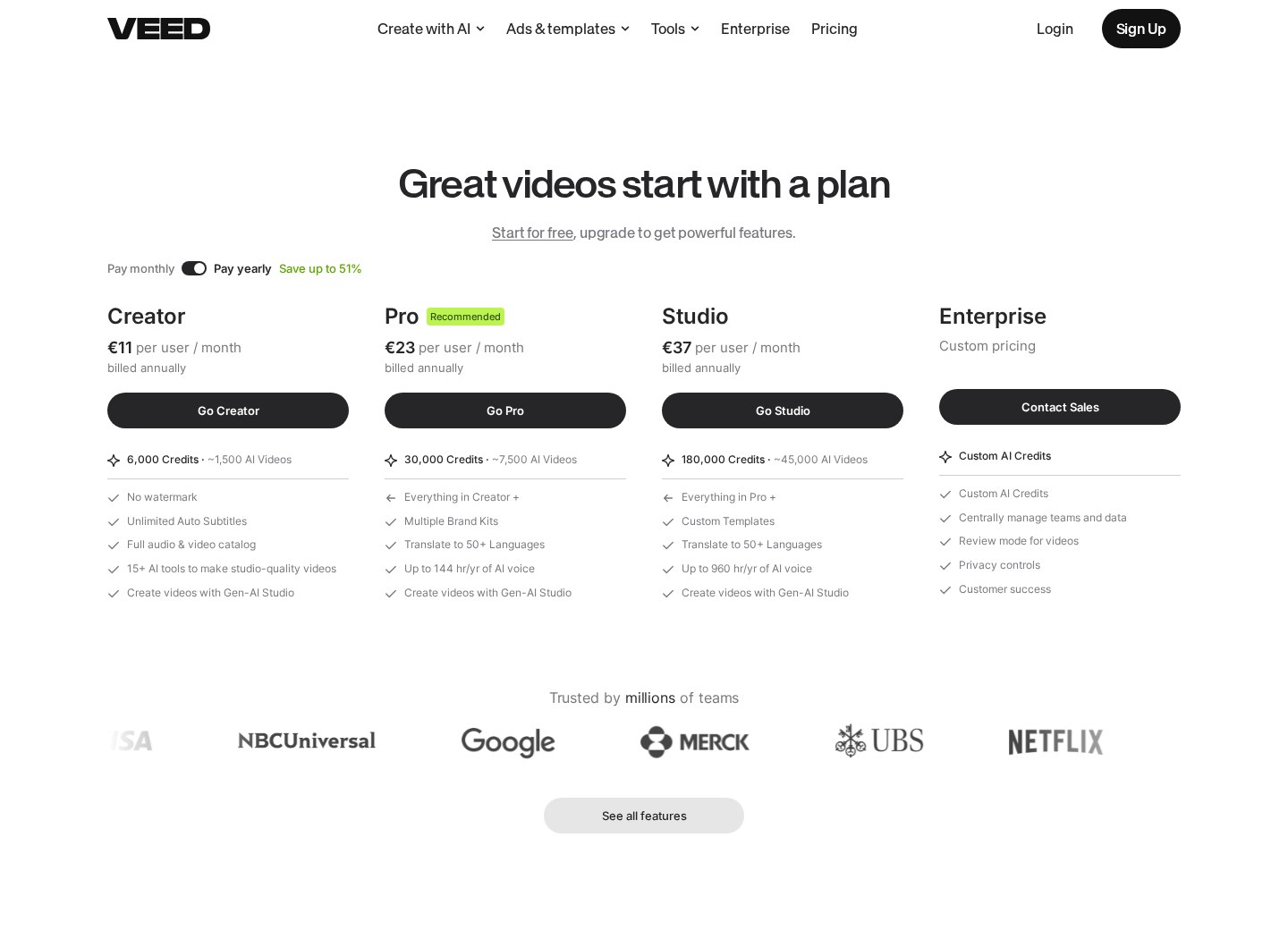 VEED pricing page comparing Creator, Pro, Studio, and Enterprise plans