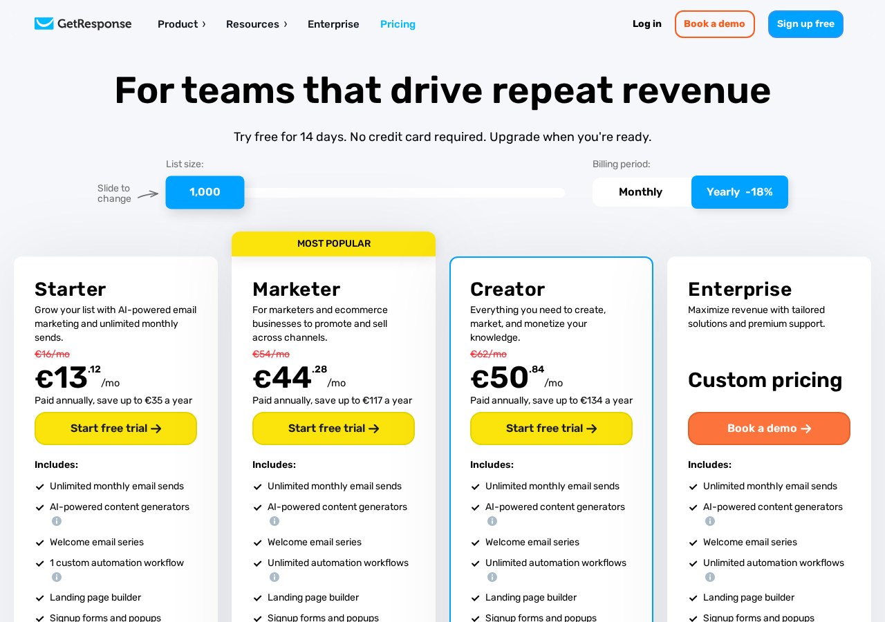 GetResponse plans and pricing page