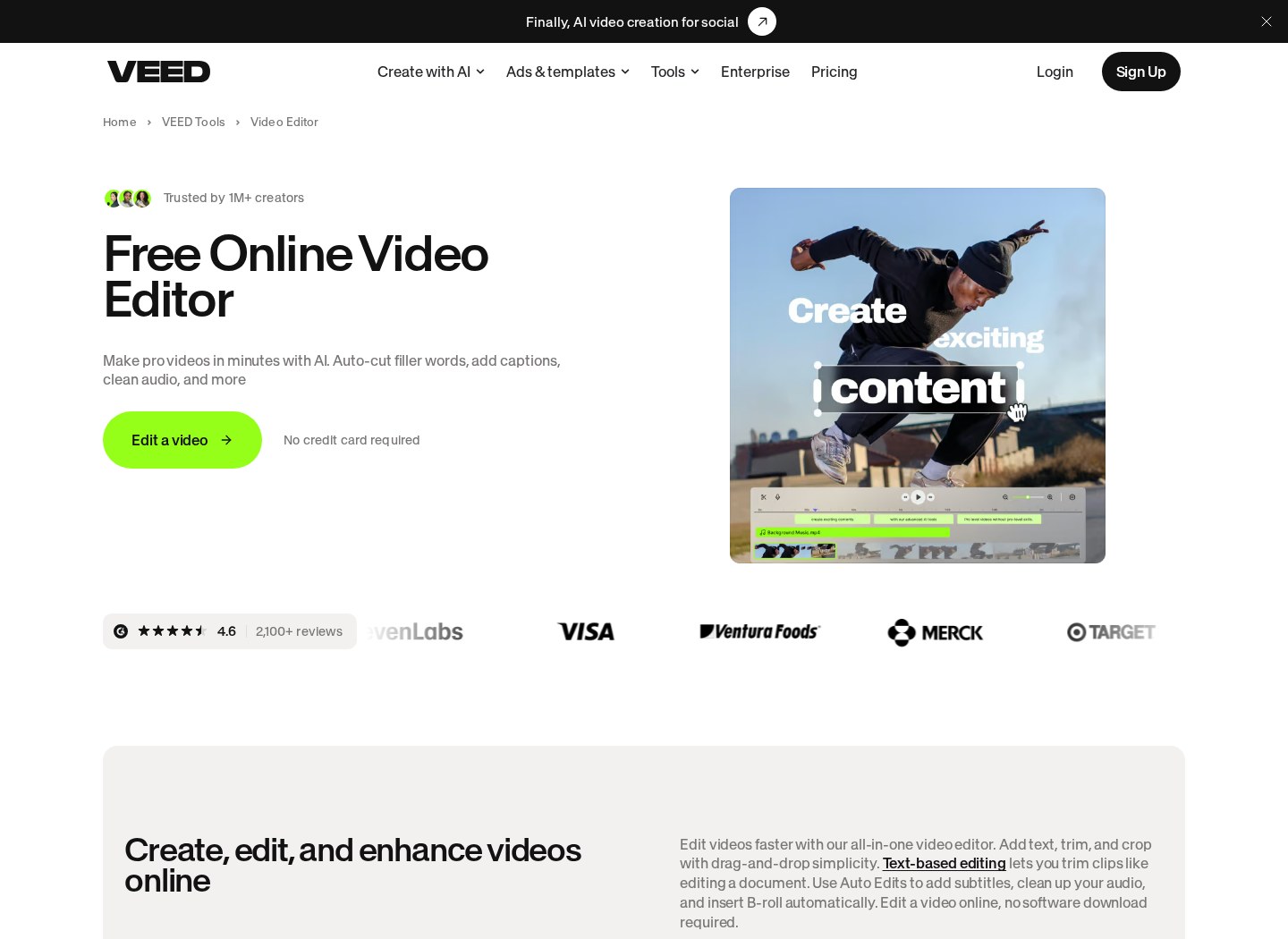 VEED online video editor page with editing workflow preview