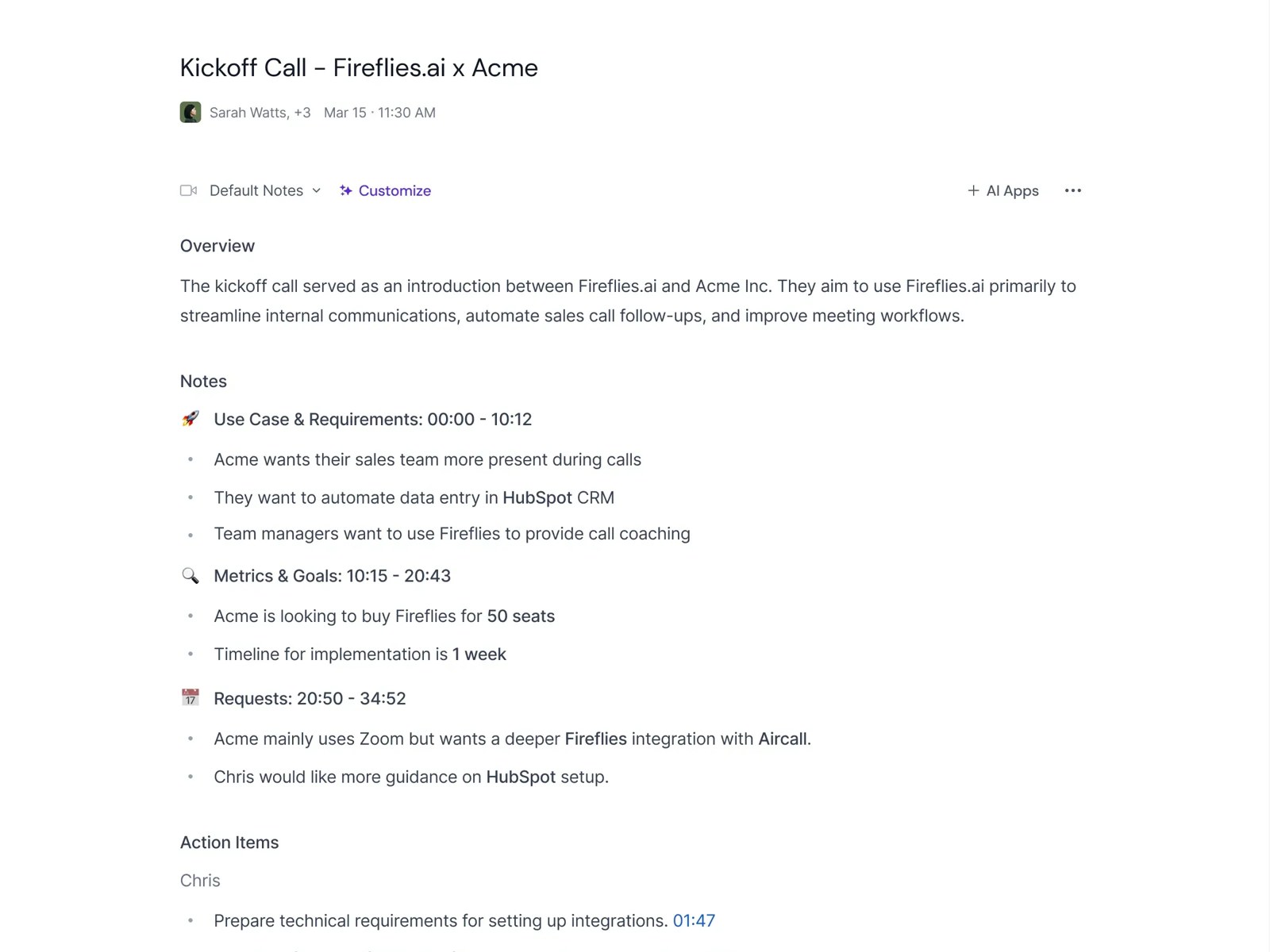 Fireflies.ai AI meeting summary with overview, notes and action items
