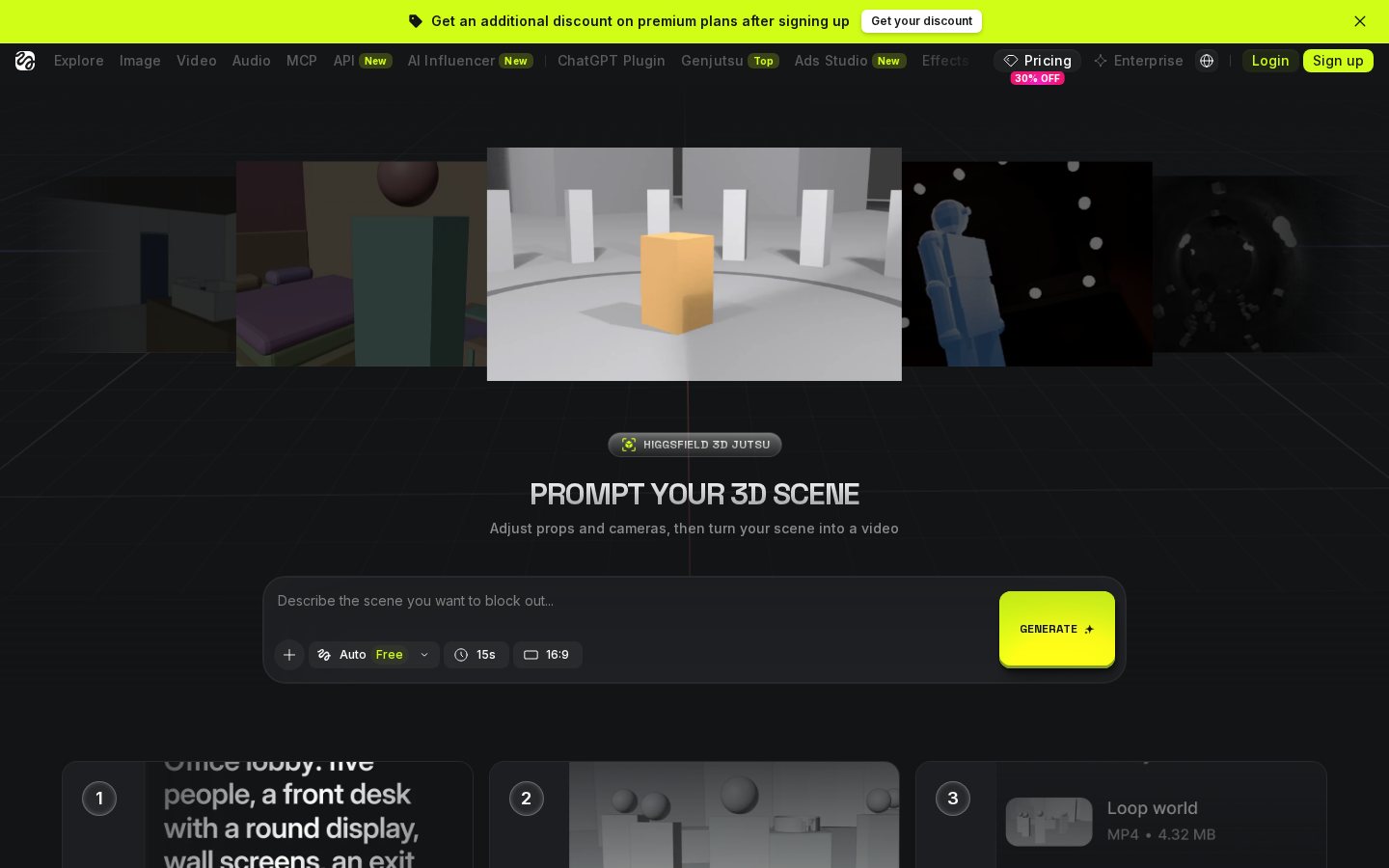 Higgsfield 3D Jutsu scene builder
