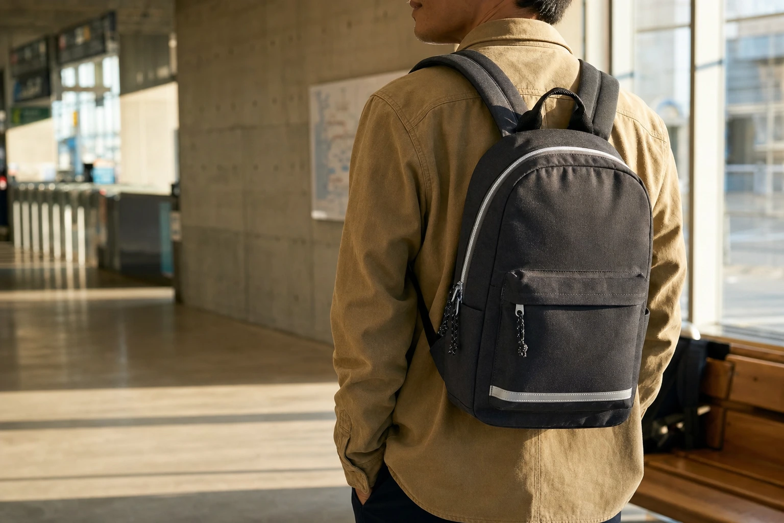 Rear view of a man in a tan shirt wearing a black backpack with a reflective strip, standing in a sunlit transit station.
