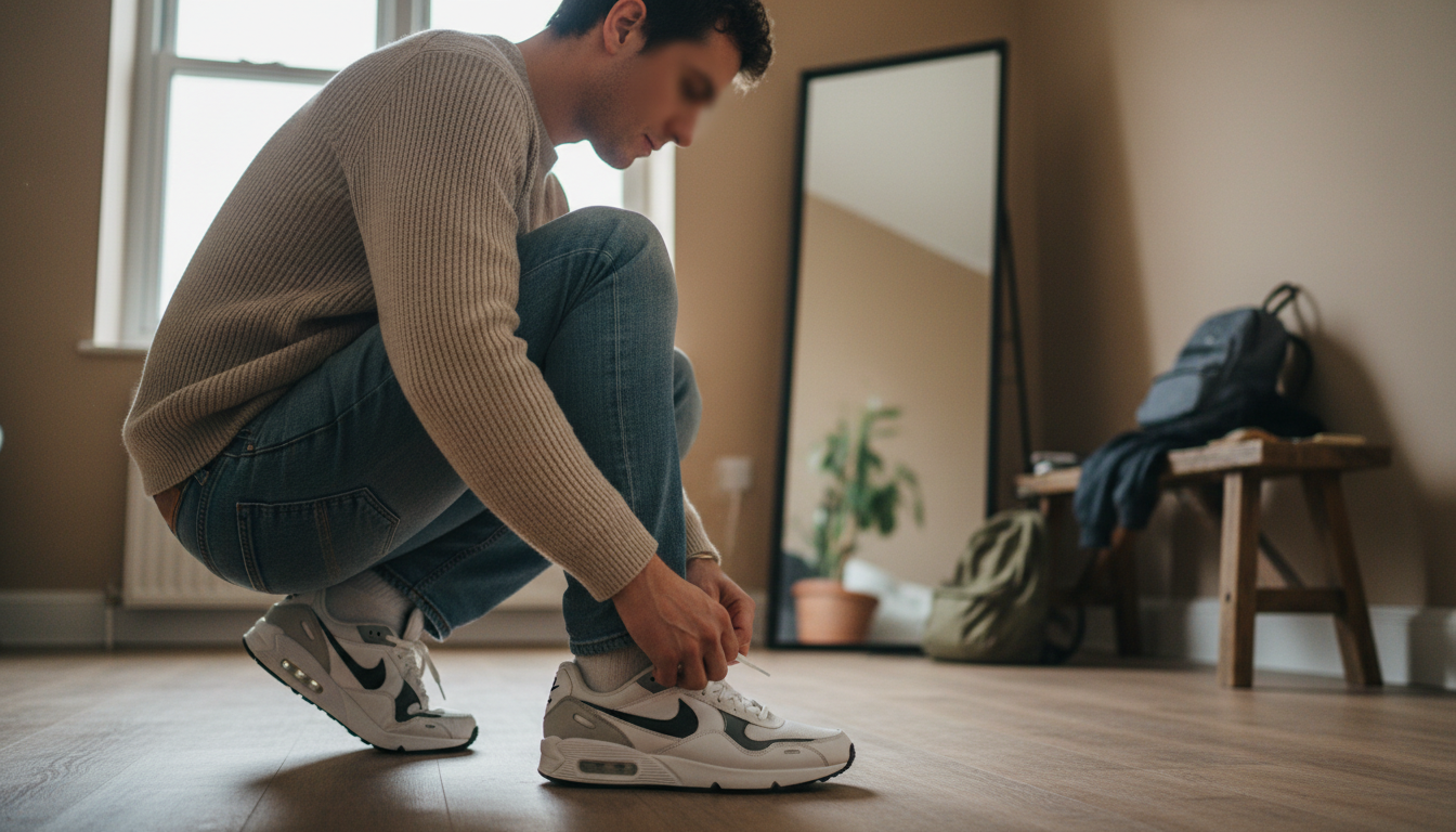 A candid daylight photograph of an anonymous person wearing nike men's air max ltd 3 shoes review in an ordinary real place — bedroom, hallway, terrace or street — framed from the 