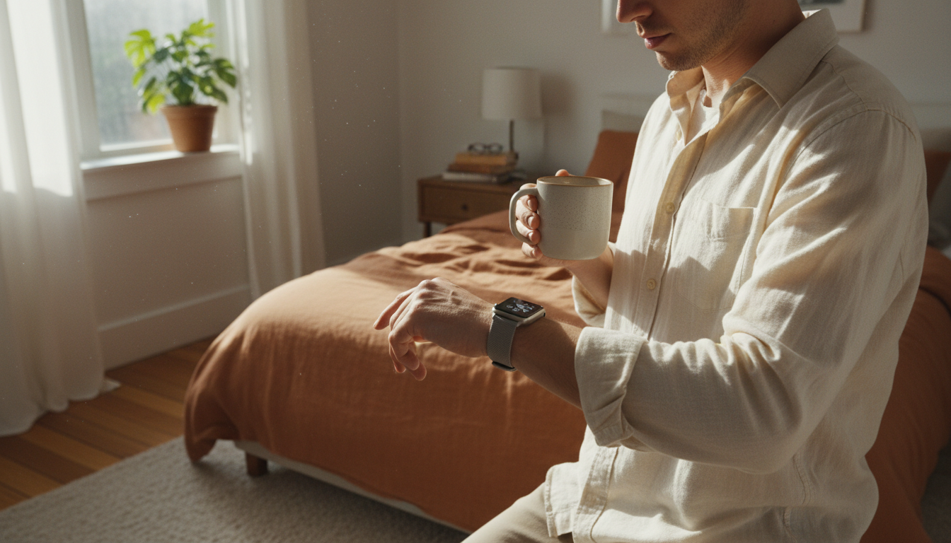 A candid daylight photograph of an anonymous person wearing apple watch series 11 review: a smarter health companion in an ordinary real place — bedroom, hallway, terrace or street