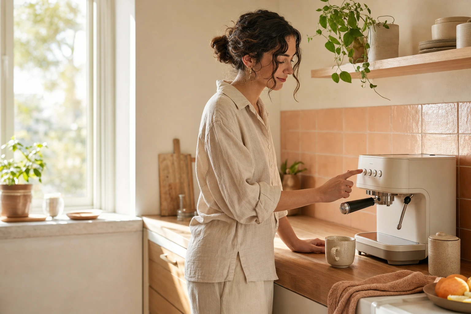 A person uses a cream espresso machine on an oak counter in a sunlit kitchen with peach-toned tiles and warm morning light.