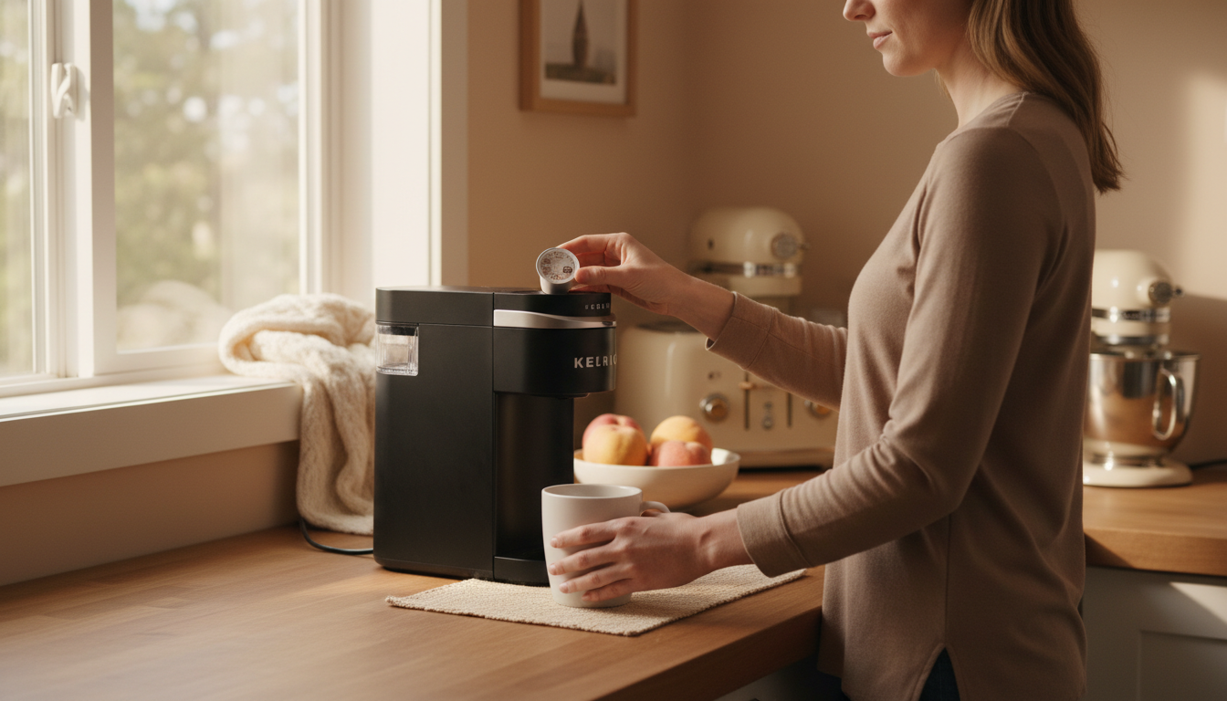 A warm, bright lifestyle photograph of an anonymous person using keurig k-express single serve k-cup pod coffee maker in the place where it is really used, natural window light, a