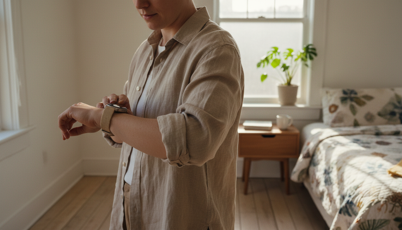 A candid daylight photograph of an anonymous person wearing apple watch series 11 review: a smarter health companion in an ordinary real place — bedroom, hallway, terrace or street