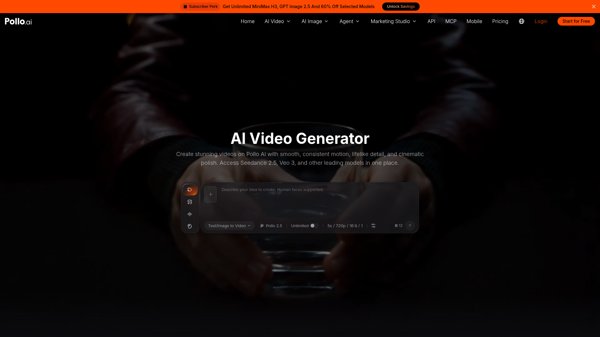 Pollo AI — AI Video Generator interface with prompt box and model settings