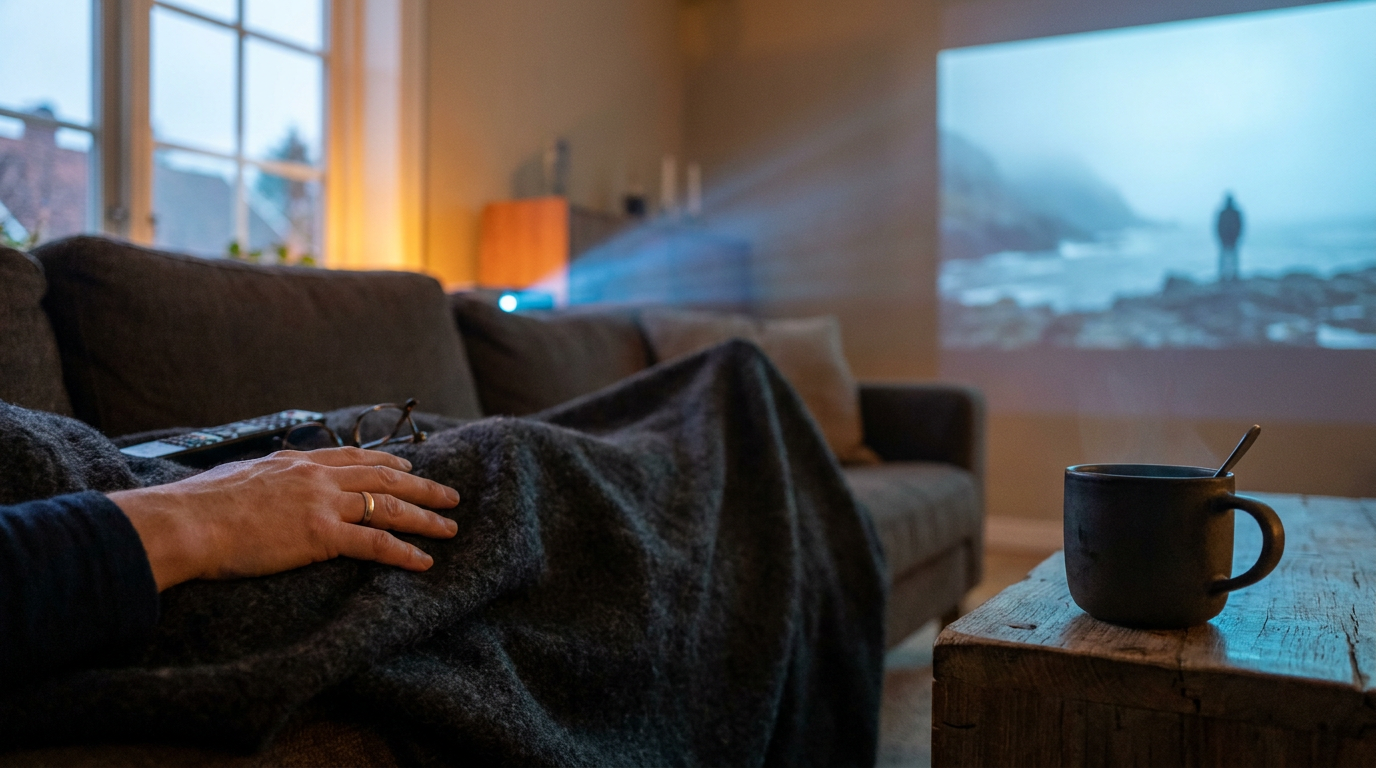 A hand rests on a blanket as someone relaxes on a couch watching a projected movie. A steaming mug sits on a wooden table.