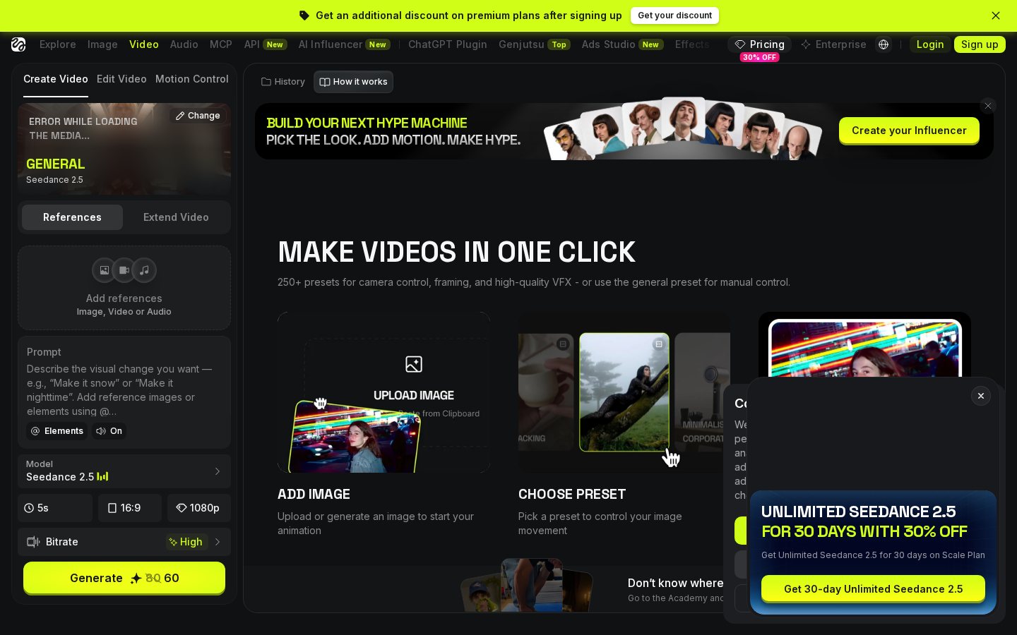 Higgsfield Create Video workspace with presets and model selector
