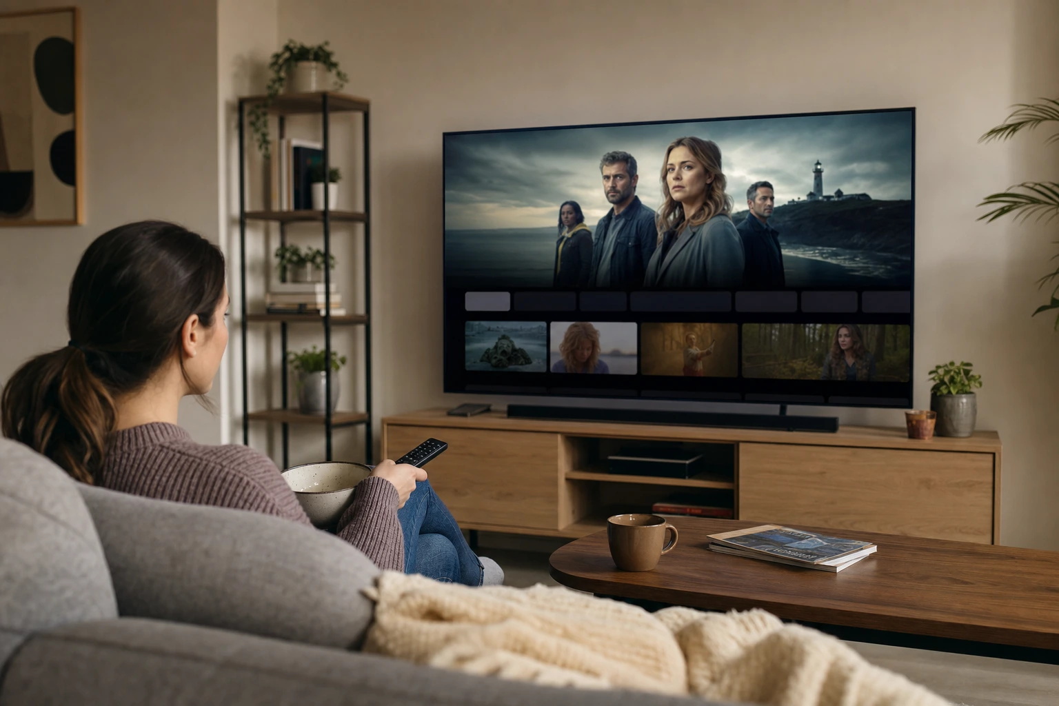 A woman sits on a couch, holding a remote control and a bowl while watching a movie on a large flat-screen TV in a living room.
