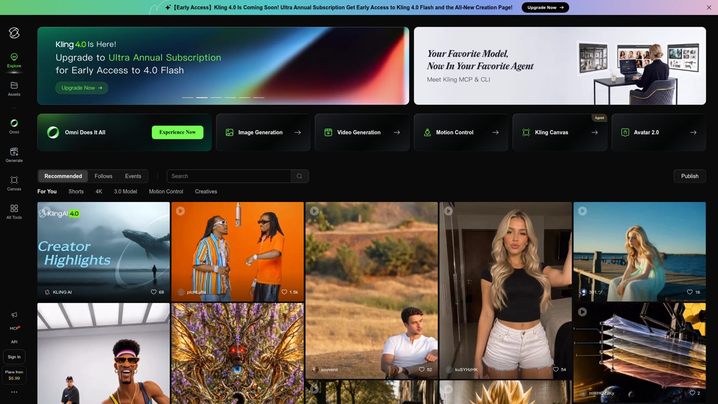 Kling AI — creative studio home with image, video and motion tools