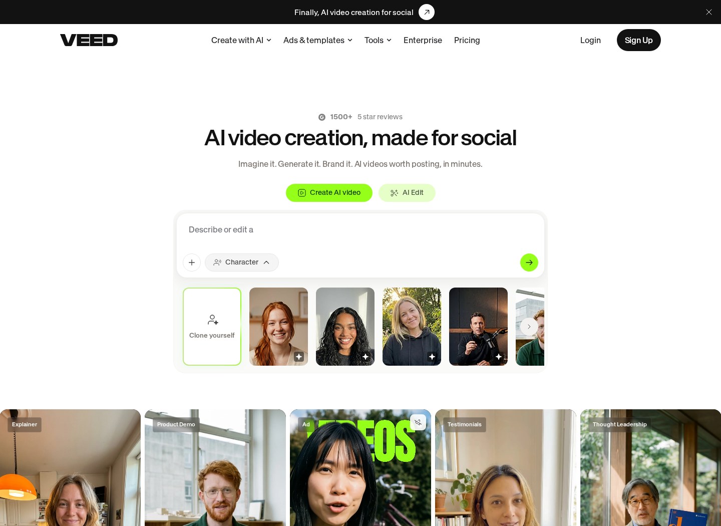 VEED home page showing the AI video creation workflow