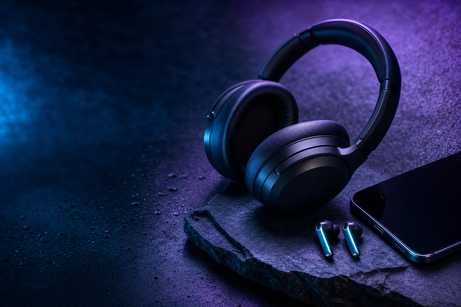 Matte-black headphones, stems-up earbuds, and a slim device on dark slate. Moody violet and cyan lights trace their sleek contours.