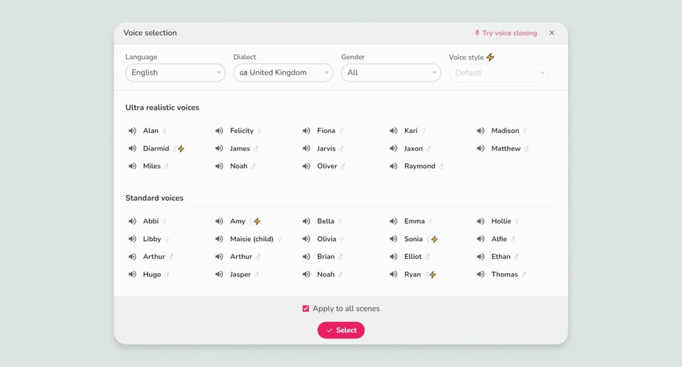 Fliki editor showing AI voice and video creation controls.